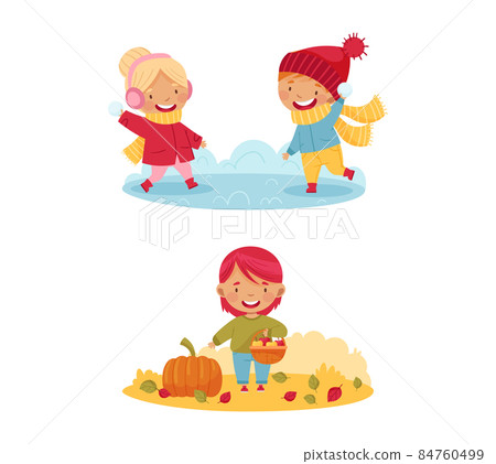 Outdoor seasonal activities set. Cute kids skating on rink and picking mushrooms vector illustration 84760499