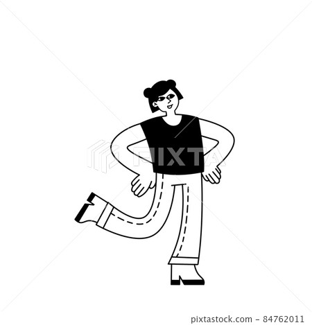 Woman dancing. Minimalist happy female character having fun. Movement pose. Girl in casual clothes. Trendy modern outline isolated illustration 84762011