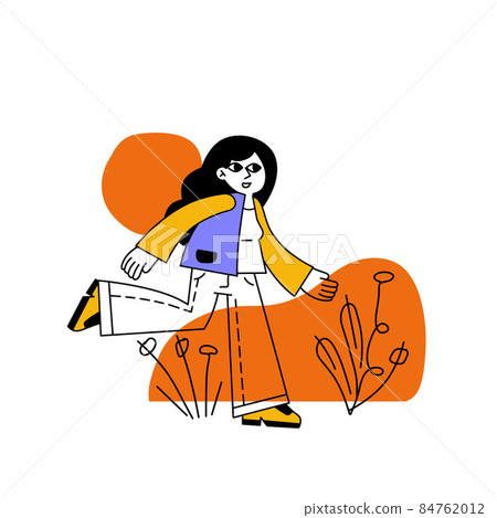 Woman runs. Hurrying character gestures. Flat cartoon illustration isolated on white. Happy girl in active motion. Outline cartoon isolated on white 84762012