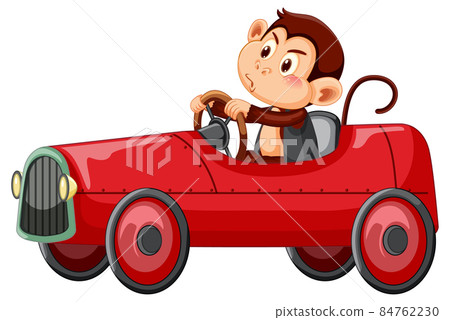 Little monkey driving red race car on white background 84762230