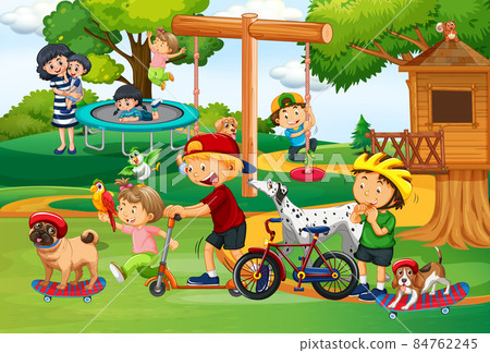 Kids playing with their animals at the playground Kids playing with their animals at the playground 84762245