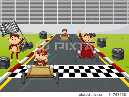 Race track scene with monkey racing drivers 84762268