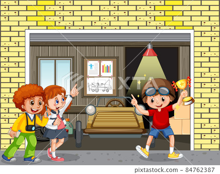 Garage scene with children fixing a car together Garage scene with children fixing a car together 84762387