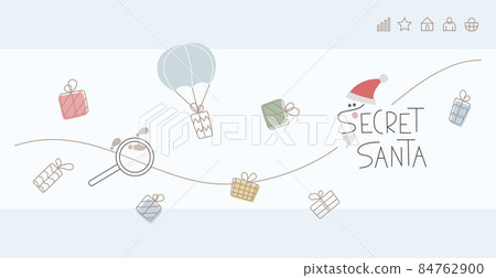 Template of banner, page with simple line vector illustration about Secret Santa event. Gift delivering, text Template of banner, page with simple line vector illustration about Secret Santa event. Gift delivering, text 84762900