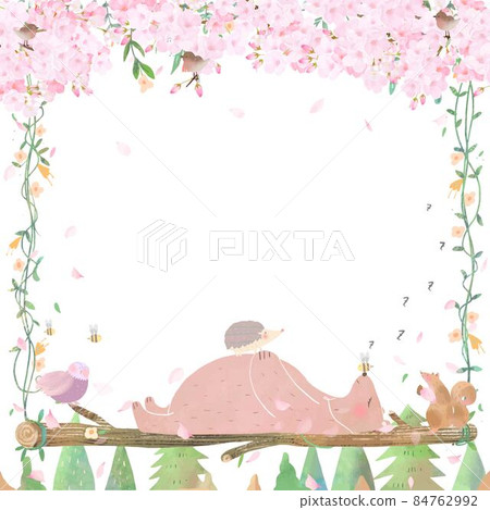 Fashionable Scandinavian white back frame of cute animals riding on a swing made of log trees under a cherry tree Fashionable Scandinavian white back frame of cute animals riding on a swing made of log trees under a cherry tree 84762992