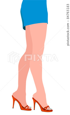 Slender female legs in red high heels and a blue short skirt. Cartoon style. Vector illustration 84763183