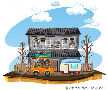 Man driving with his pet to country village with abandon house 84763549