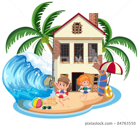 Girl on holiday on the island with old building 84763550