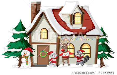 Animals standing in front of winter house in Christmas theme Animals standing in front of winter house in Christmas theme 84763665