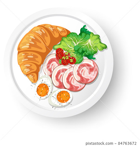 Breakfast croissant with meat and boiled egg on white plate Breakfast croissant with meat and boiled egg on white plate 84763672