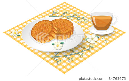 Mooncake with teacup set on tablecloth Mooncake with teacup set on tablecloth 84763673