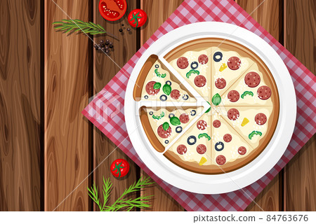 Salami cheese pizza on wooden table Salami cheese pizza on wooden table 84763676