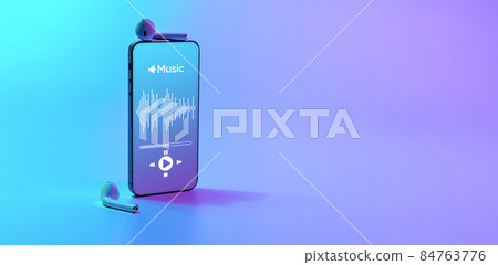 Music icon. Audio equipment with beats, sound headphones, music application on mobile smartphone screen. Radio recording sound voice on neon gradient background. Broadcast media music concept. Music icon. Audio equipment with beats, sound headphones, music application on mobile smartphone screen. Radio recording sound voice on neon gradient background. Broadcast media music concept. 84763776