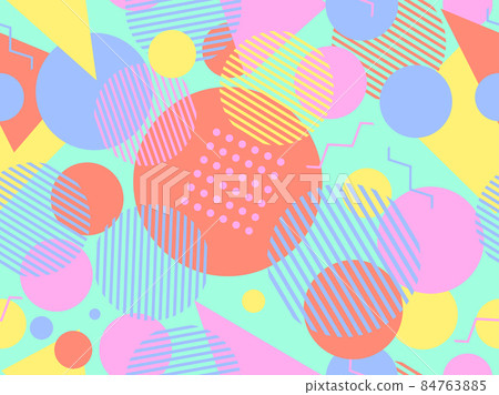 Geometric seamless pattern in 80s memphis style. Colorful background with geometric shapes. Design for promotional products, wrapping paper, brochures and printing. Vector illustration 84763885