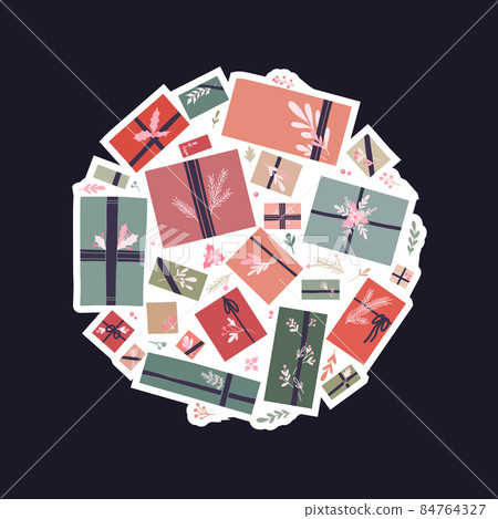 Vector holiday round illustration of hygge gifts with ribbons and branches on dark violet background. Circle composition of gift boxes in pastel colors and stems with foliage 84764327