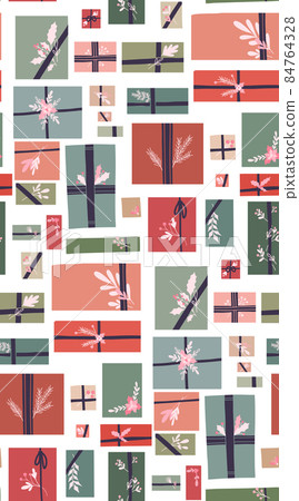 Vector seamless holiday pattern with hygge gift boxes with ribbons and branches decorations on white background. Texture with presents top view in pastel colors 84764328