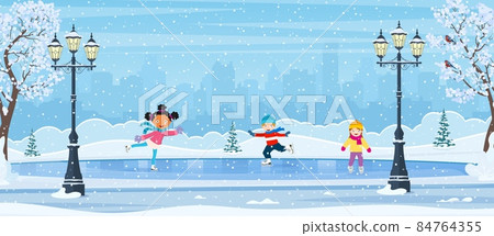 Winter scene with skating children. 84764355