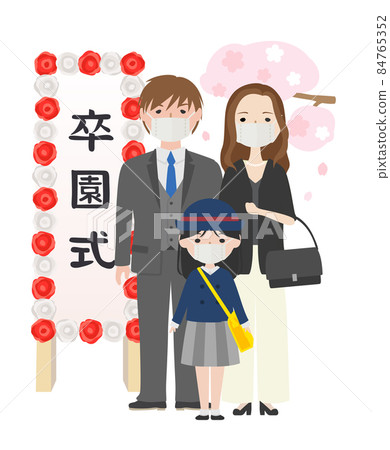 Parents in suits wearing masks and attending graduation ceremonies and girls in uniform 84765352