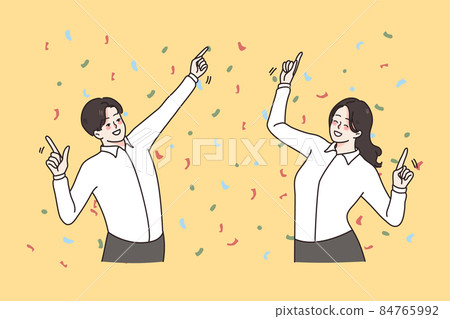 Happy businesspeople dance celebrate business success 84765992