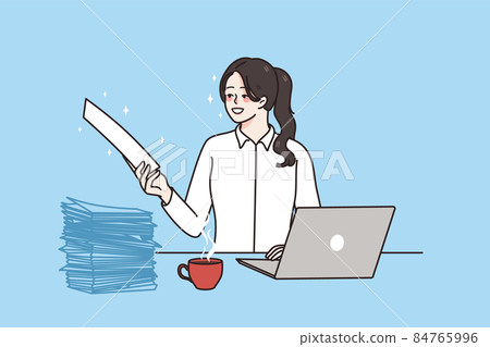 Smiling female employee work on computer with paperwork  84765996