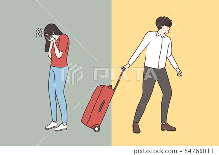 Husband with suitcase leave unhappy crying wife Husband with suitcase leave unhappy crying wife 84766011