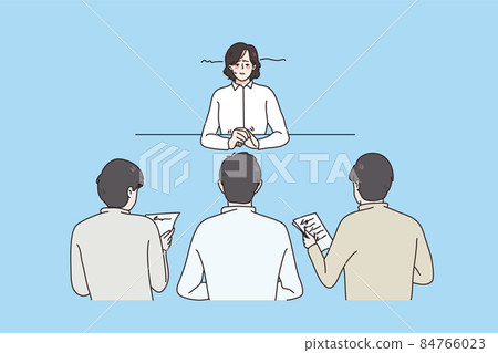 Worried woman frustrated at job interview in office Worried woman frustrated at job interview in office 84766023