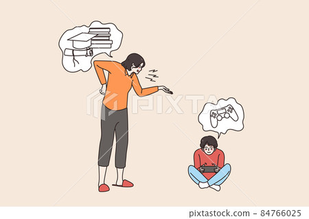 Mad mother scold son for playing not studying Mad mother scold son for playing not studying 84766025