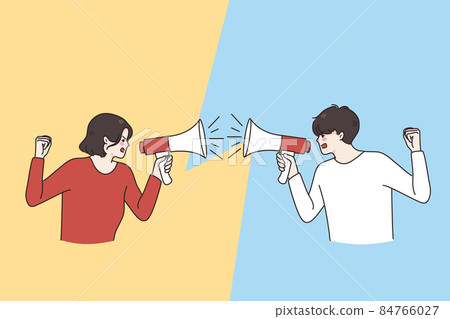 Husband and wife scream in loudspeaker arguing Husband and wife scream in loudspeaker arguing 84766027