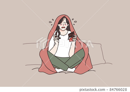 Unhappy woman feel stressed cry eat chocolate  84766028