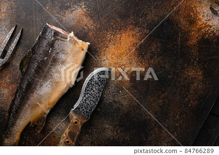 Fresh smoked salmon, on old dark rustic table background, top view flat lay, with copy space for text Fresh smoked salmon, on old dark rustic table background, top view flat lay, with copy space for text 84766289