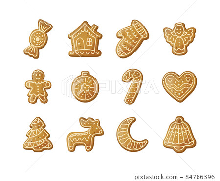 Gingerbread holidays cookies. Christmas or New Year winter food with decorated glazed sugar. Gingerbread cookies in shape of reindeer, house, candy, mitten, bell, gingerbread man, moon, ange vector 84766396