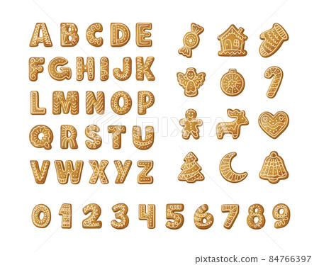 Gingerbread holidays cookies font alphabet. Christmas or New Year winter food with decorated glazed sugar. Gingerbread cookies in shape of reindeer, candy, mitten, bell, gingerbread man, angel vector 84766397