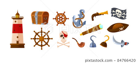 Adventure pirate equipment set. Treasure chest, gunshot, hook, note bottle, anchor, skull Adventure pirate equipment set. Treasure chest, gunshot, hook, note bottle, anchor, skull 84766420