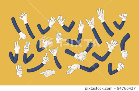 Comic gloved arms set. Comic retro hands in gloves hand character shows gestures relax, call me, stop, class, peace, ok, fist, attention, handshake, showing numbers symbol doodle line art 84766427