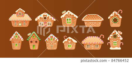 Different cute gingerbread Christmas winter houses. Set of holiday candy cookies in buildings shapes. Different cute gingerbread Christmas winter houses. Set of holiday candy cookies in buildings shapes. 84766452