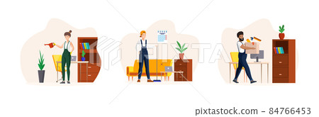 Cleaning service set. People cleanliness work at home or office watering potted plant, washing floor Cleaning service set. People cleanliness work at home or office watering potted plant, washing floor 84766453