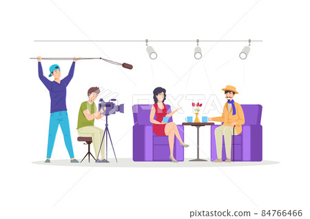 Woman journalist interview communicating with male actor celebrity influencer at television studio 84766466