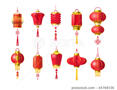Red Chinese lanterns set. Traditional Asian new year red lamps festival decorated with Japanese sign Red Chinese lanterns set. Traditional Asian new year red lamps festival decorated with Japanese sign 84766536