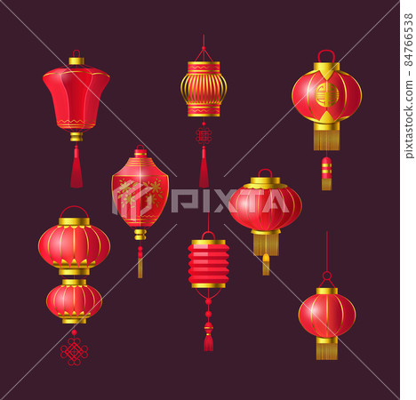 Red Chinese lanterns set. Traditional Asian new year red lamps festival decorated with Japanese sign 84766538
