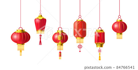 Red Chinese lanterns set. Traditional Asian new year red lamps festival decorated with Japanese sign Red Chinese lanterns set. Traditional Asian new year red lamps festival decorated with Japanese sign 84766541
