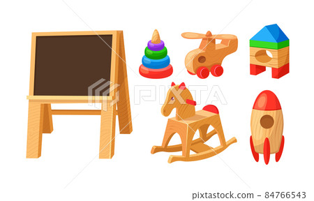 Vintage children wooden toys set. Baby entertainment wood playthings, blackboard, helicopter, rocket, whirligig, house, whirligig. 84766543