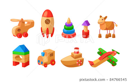 Vintage children wooden toys set. Baby entertainment wood playthings, helicopter, rocket, whirligig, house, steam locomotive, boat, plane. Vintage children wooden toys set. Baby entertainment wood playthings, helicopter, rocket, whirligig, house, steam locomotive, boat, plane. 84766545