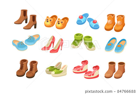 Set shoes. Comfortable kids and adult footwear for activity walking outdoor, domestic, beach recreation, doing sports. Footgear pairs, house slippers, sneakers, sandals, flip flops Set shoes. Comfortable kids and adult footwear for activity walking outdoor, domestic, beach recreation, doing sports. Footgear pairs, house slippers, sneakers, sandals, flip flops 84766688