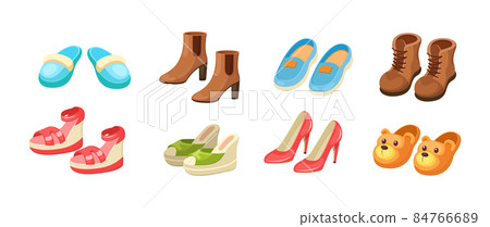 Set different shoes. Female male childish footwear for activity walking outdoor, domestic, beach recreation, warming or doing sports. Footgear pairs, house slippers, sneakers, sandals, Set different shoes. Female male childish footwear for activity walking outdoor, domestic, beach recreation, warming or doing sports. Footgear pairs, house slippers, sneakers, sandals, 84766689