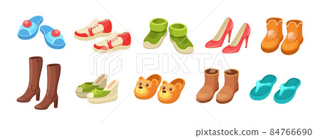 Set different shoes. Female male childish footwear for activity walking outdoor, domestic, beach recreation, warming or doing sports. Footgear pairs, house slippers, sneakers, sandals, 84766690