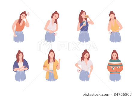 Set of female behavior suffering from premenstrual syndrome. PMS flat vector 84766803