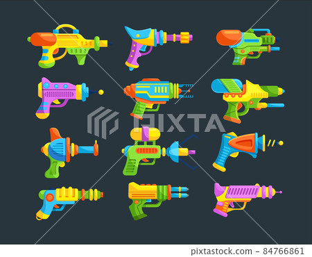 Bright gun children toy set. Blaster, handgun, raygun and laser weapon of aliens for kids playing Bright gun children toy set. Blaster, handgun, raygun and laser weapon of aliens for kids playing 84766861