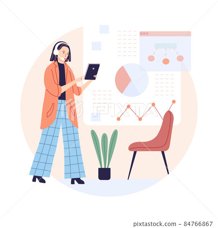 Woman specialist of remote service client support talking online video call to customer. Female in headset worker of helpline or operator of helpdesk 84766867