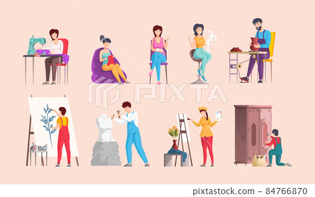 Creative artistic hobbies set. Man and woman amateurs leisure activity cartoon vector 84766870