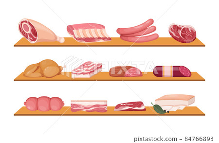 Meat fresh steaks meat delicatessen cartoon set. Sausages, smoked cervelat, meat steak for barbeque, salami, home-made bacon, meatloaf, bacon fillet, fried chicken, pork belly, beef shank 84766893